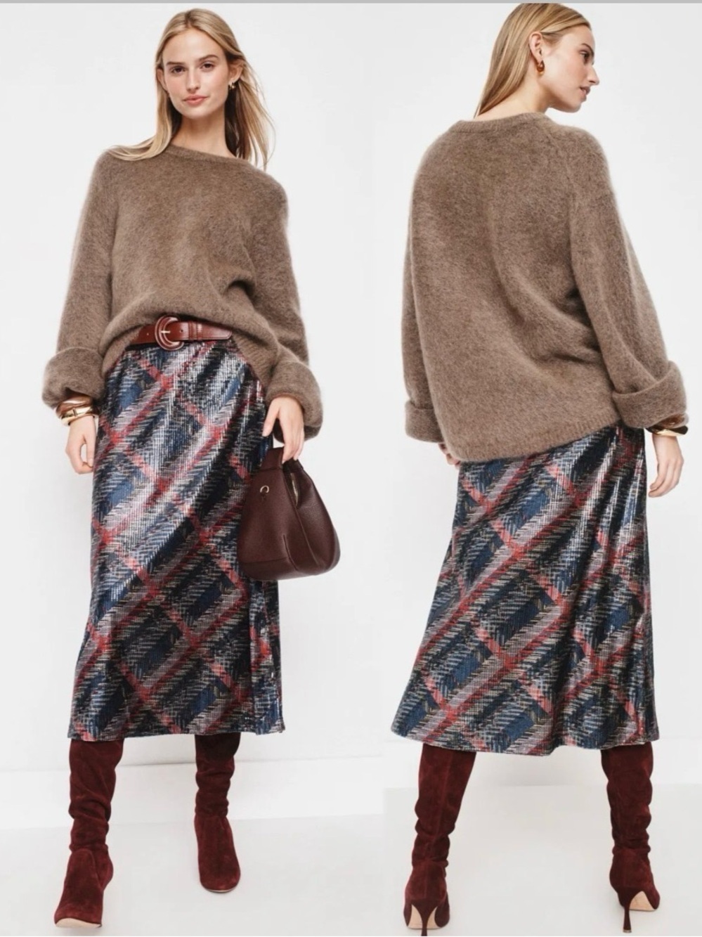 Aldo Martins Gea Sequins Tartan Plaid Midi Skirt in Multicolor size Large